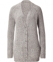 Luxe cardigan in fine, grey wool and cashmere blend - Elegant, multicolor knit is soft and densely woven - Larger weave covers cuffs, lower back and two front pockets at hips - Button down style with deep V neck - New, longer and leaner silhouette hits at thighs - Chic yet relaxed look great for everyday - Style with a pencil skirt or leather leggings and ankle booties