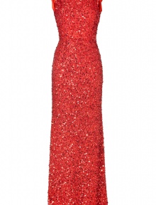 With statement-making sequins and a dramatic floor-sweeping length, this black tie gown from Jenny Packham is an investment in high style - High square neck, sleeveless, fitted bodice with dramatic back cut out detail, full maxi-length skirt with slight high-low hem, all-over sequin embellishment, concealed back zip closure - Pair with sky-high platform heels and a simple clutch