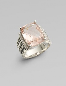 From the Wheaton Collection. A faceted cushion of shimmering morganite, edged by rows of diamonds, in a wide cable band of sterling silver..Morganite Diamonds, 0.16 tcw Sterling silver Diameter, about 16mm Imported