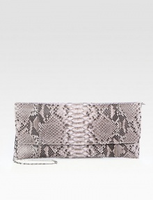 Luxurious python in a sleek and chic flap design with a concealable chain strap.Concealable chain shoulder strap, 14 dropMagnetic flap closureOne inside zip pocketSuede lining12W X 5¾H X ¾DImported Luxurious python in a sleek and chic flap design with a concealable chain strap.Concealable chain shoulder strap, 14 dropMagnetic flap closureOne inside zip pocketSuede lining12W X 5¾H X ¾DImported