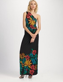 Lush florals highlight this stunning one shoulder silhouette of luxe jersey.Single shoulderDropped waistSide zipperPleats at back skirtAbout 41 from natural waist70% viscose/30% lyocellDry cleanImportedModel shown is 5'9½ (177cm) wearing US size 4.