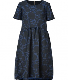 Ladylike luxe goes modern with this floral-printed frock from Marc by Marc Jacobs - Round neck, short sleeves, high gathered waist, asymmetric high-low hem, exposed back zip closure - Wear with an oversized cardigan, knit tights, and high heel booties