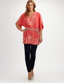 EXCLUSIVELY AT SAKS.COM Delicate floral embroidery turns a simple, t-shirt soft knit tunic into a striking fashion statement.Band neckline with notched VElbow-length, wide, draped raglan sleevesD-ring belt with zigzag embroideryPullover stylingRolled hemAbout 33 from shoulder to hemCottonImportedMachine wash