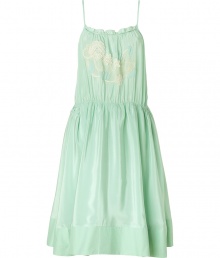 Sweet sundress in pure pale green silk - Thin spaghetti straps and low, square neckline with soft ruffle - Lacy white floral detail at front - Gathered waist and softly flared skirt creates movement - Full skirt falls just below knee - Wear with strappy sandals and a light cardigan for a lovely summer outfit