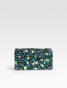 Raso stone-covered satin in a box design.Magnetic snap flap closureOne inside open pocketSatin lining7¼W X 3½H X 2DMade in Italy Raso stone-covered satin in a box design.Magnetic snap flap closureOne inside open pocketSatin lining7¼W X 3½H X 2DMade in Italy