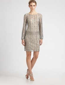 Shimmering of bands of sequined embroidery create a flattering, drop-waist effect on this evening-perfect style.Jewel necklineLong blouson sleevesSequined embroideryConcealed back zip with keyhole button closureFully linedAbout 20 from natural waistNylonSpot cleanImportedModel shown is 5'10 (177cm) wearing US size 4. Shimmering of bands of sequined embroidery create a flattering, drop-waist effect on this evening-perfect style.Jewel necklineLong blouson sleevesSequined embroideryConcealed back zip with keyhole button closureFully linedAbout 20 from natural waistNylonSpot cleanImportedModel shown is 5'10 (177cm) wearing US size 4.