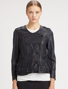 Double-breasted jacket of butter-soft leather, finished with an asymmetrical zipper and feminine ruffle hem. Double-breasted button frontAsymmetrical zipperEpauletsLong sleeves with zippered cuffsZippered slash pocketsTiered ruffle hemAbout 20 from shoulder to hemSilk liningLeatherDry clean with leather specialistImportedModel shown is 5'10 (177cm) wearing US size 2. Double-breasted jacket of butter-soft leather, finished with an asymmetrical zipper and feminine ruffle hem. Double-breasted button frontAsymmetrical zipperEpauletsLong sleeves with zippered cuffsZippered slash pocketsTiered ruffle hemAbout 20 from shoulder to hemSilk liningLeatherDry clean with leather specialistImportedModel shown is 5'10 (177cm) wearing US size 2.