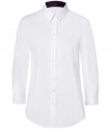 Turn up your cuffs and showcase Burberrys iconic check in this crisp white button-down from Burberry London - Classic collar with checked lining, 3/4 sleeves, buttoned turn-up checked cuffs, button-down front, shirttail hemline - Form-fitting - Wear with everything from jeans and flats to pencil skirts and heels