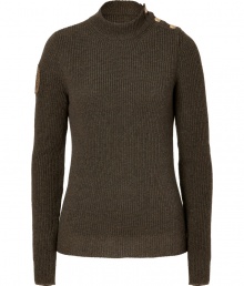 With its sophisticated mockneck and chic utilitarian feel, Salvatore Ferragamos ribbed wool pullover is a timeless-modern must for casual daytime looks - Mockneck, long sleeves, buttoned shoulder, gold-toned logo buttons, embroidered logo patch on sleeve - Classic straight fit - Pair with favorite jeans and luxe brown leather accessories