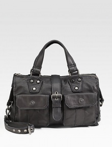 THE LOOKSatchel style Buttery soft perforated leather Double top handles Detachable, adjustable shoulder strap Top zip closure with magnetic snap buckle tab Two outside smooth leather snap close pockets One inside zip pocket Two inside open pocketsTHE FITDouble top handles, 4 drop Shoulder strap, 20-25 drop 13W X 10H X 4DTHE MATERIALLeather Twill liningORIGINImported THE LOOKSatchel style Buttery soft perforated leather Double top handles Detachable, adjustable shoulder strap Top zip closure with magnetic snap buckle tab Two outside smooth leather snap close pockets One inside zip pocket Two inside open pocketsTHE FITDouble top handles, 4 drop Shoulder strap, 20-25 drop 13W X 10H X 4DTHE MATERIALLeather Twill liningORIGINImported