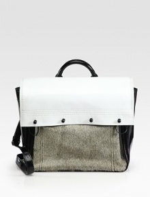 Lush haircalf pairs with colorblock patent leather in this roomy top handle design.Top handle, 2½ dropDetachable adjustable shoulder strap, 18½-23½ dropFlap snap closureSide zip-gussetsOne inside zip pocketFully lined14¼W X 10½H X 5½DImported Lush haircalf pairs with colorblock patent leather in this roomy top handle design.Top handle, 2½ dropDetachable adjustable shoulder strap, 18½-23½ dropFlap snap closureSide zip-gussetsOne inside zip pocketFully lined14¼W X 10½H X 5½DImported