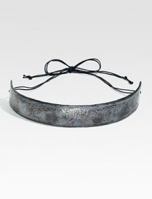 An oxidized finish lends a rustic look to this bold metal belt. Oxidized metal Cotton cord tie closure About 1 wide Imported An oxidized finish lends a rustic look to this bold metal belt. Oxidized metal Cotton cord tie closure About 1 wide Imported