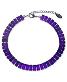Vibrant in violet. This choker necklace from GUESS features baguette-cut amethyst crystals for a bright touch. Crafted in hematite tone mixed metal. Approximate length: 12-1/2 inches + 2-inch extender. Vibrant in violet. This choker necklace from GUESS features baguette-cut amethyst crystals for a bright touch. Crafted in hematite tone mixed metal. Approximate length: 12-1/2 inches + 2-inch extender.