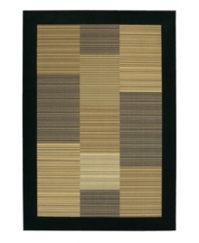 Framed in a deep black border, this dynamic piece offers a super-dense weave and a luxuriously soft finish. Power-loomed, the rug's thick pile offers one million points of yarn per square meter, achieving an ultra-fine detail and heavy hand often found in handmade rugs. With an intricate pattern of micro-striped color blocks in beige and black hues, this rug lends stylish character to any decor. Framed in a deep black border, this dynamic piece offers a super-dense weave and a luxuriously soft finish. Power-loomed, the rug's thick pile offers one million points of yarn per square meter, achieving an ultra-fine detail and heavy hand often found in handmade rugs. With an intricate pattern of micro-striped color blocks in beige and black hues, this rug lends stylish character to any decor.