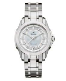 Heavy steel links and a sparse dial combine for a minimalist design by Bulova. A Precisionist collection watch, the continuously sweeping second hand keeps time accurate to ten seconds a year. Round stainless steel case and bracelet. White mother-of-pearl dial with applied index features luminous hands, silvertone stick indices, date window at six o'clock and logo. Quartz movement. Water resistant to 30 meters. Three-year limited warranty. Heavy steel links and a sparse dial combine for a minimalist design by Bulova. A Precisionist collection watch, the continuously sweeping second hand keeps time accurate to ten seconds a year. Round stainless steel case and bracelet. White mother-of-pearl dial with applied index features luminous hands, silvertone stick indices, date window at six o'clock and logo. Quartz movement. Water resistant to 30 meters. Three-year limited warranty.