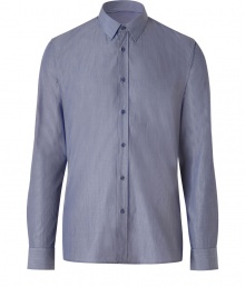 Polished, streamlined staples anchor any wardrobe, and Hugos blue pinstripe cotton dress shirt should be considered a must - Classically slim, straight cut - Small collar, full button placket and long, cuffed sleeves - Decorative seams, hem hangs slightly longer in the back - Versatile and elegant, the perfect compliment to suit trousers and a blazer or an easy way to dress up jeans and a leather jacket Polished, streamlined staples anchor any wardrobe, and Hugos blue pinstripe cotton dress shirt should be considered a must - Classically slim, straight cut - Small collar, full button placket and long, cuffed sleeves - Decorative seams, hem hangs slightly longer in the back - Versatile and elegant, the perfect compliment to suit trousers and a blazer or an easy way to dress up jeans and a leather jacket