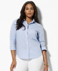 Classic gingham lends a preppy touch to this shirt from Lauren by Ralph Lauren. The height of plus size fashion, the shirt is tailored in crisp wrinkle-free cotton broadcloth with three-quarter sleeves for classic elegance that makes a great addition to your collection of plus size clothes.