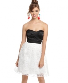Hailey Logan makes this dress amazing by combining a seamed satin bodice with a full, contrasting textured skirt. Best of all, it comes with removable straps, so you decide how to wear it! Hailey Logan makes this dress amazing by combining a seamed satin bodice with a full, contrasting textured skirt. Best of all, it comes with removable straps, so you decide how to wear it!