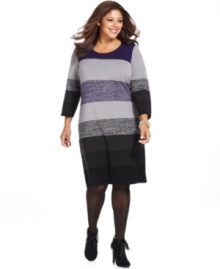 Be a stylish standout with Spense's plus size sweater dress, fashioned from a striped knit.