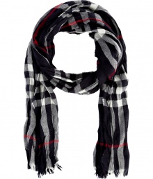 Finish your look on an iconic note with Burberry Londons checked scarf, detailed in super soft crinkled merino-cashmere for luxuriously laid-back results - Frayed ends - Wear inside over bright knit sweaters, or outdoors over classic coats with leather gloves Finish your look on an iconic note with Burberry Londons checked scarf, detailed in super soft crinkled merino-cashmere for luxuriously laid-back results - Frayed ends - Wear inside over bright knit sweaters, or outdoors over classic coats with leather gloves