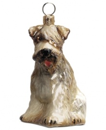 Just begging for a home, this Wheaten terrier ornament has puppy dog eyes and a beautiful coat in hand-painted glass by Joy to the World.