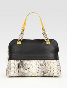 Sumptuous calfskin and luxe python design finished with vibrant chain-and-leather straps.Double top handles, 8¼ dropTop zip closureOne outside zip pocketProtective metal feetOne inside zip pocketOne inside open pocketFully lined16½W X 11H X 5¾DMade in Italy Sumptuous calfskin and luxe python design finished with vibrant chain-and-leather straps.Double top handles, 8¼ dropTop zip closureOne outside zip pocketProtective metal feetOne inside zip pocketOne inside open pocketFully lined16½W X 11H X 5¾DMade in Italy