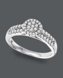 A standout silhouette. This enchanting diamond engagement ring features a unique circular setting decorated with sparkling, round-cut diamonds (3/8 ct. t.w.). Set in sterling silver. Sizes 5-8. A standout silhouette. This enchanting diamond engagement ring features a unique circular setting decorated with sparkling, round-cut diamonds (3/8 ct. t.w.). Set in sterling silver. Sizes 5-8.