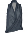 Tissue thin with an exquisitely modern drape: Helmut Langs dusty sapphire sleeveless top is a chic and easy way to wear the brands iconic modern look - Softly draped V-neckline, sleeveless, pull-over style - Loosely fitted - Team with leather leggings and chic black accessories