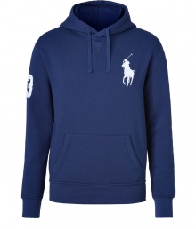 Perfect casual-cool looks with Ralph Laurens ultra-comfy, oversized logo hooded sweatshirt - Drawstring hood, long sleeves, fine ribbed trim, oversized logo at chest, number patch on sleeve, split kangaroo pockets - Slim sporty fit - The perfect partner for laid-back days