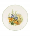 Garden party. The Floral Meadow Daylily accent or salad plates bring eternal spring with a bouquet of white, orange and blue rooted in resilient everyday porcelain. A scalloped edge adds to the charm of the graceful mix-and-match Lenox collection. Qualifies for Rebate
