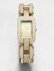 A rectangular, goldtone stainless steel design encrusted in dazzling crystal. Quartz movementWater resistant to 5 ATMRectangular goldtone stainless steel case, 36mm (1.4) X 24 (0.9)Crystal encrusted bezelChampagne dialBar hour markersCrystal encrusted goldtone stainless steel link braceletImported