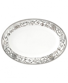 Intricate trim and scrolling vines in sparkling platinum make the Cru Athena oval platter a fine-dining sensation and, in dishwasher-safe porcelain, a dream for after dinner as well. Intricate trim and scrolling vines in sparkling platinum make the Cru Athena oval platter a fine-dining sensation and, in dishwasher-safe porcelain, a dream for after dinner as well.