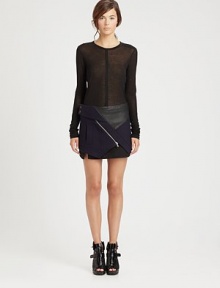 Panel-constructed for an edgy, architectural look, this structured mini features a supple leather inset detail.Side snap tap closureAsymmetrical front zipFront welt pocketAsymmetrical hemline and overlayAbout 15 longCotton/leather/silk failleDry cleanMade in ItalyModel shown is 5'10 (177cm) wearing US size 4. Panel-constructed for an edgy, architectural look, this structured mini features a supple leather inset detail.Side snap tap closureAsymmetrical front zipFront welt pocketAsymmetrical hemline and overlayAbout 15 longCotton/leather/silk failleDry cleanMade in ItalyModel shown is 5'10 (177cm) wearing US size 4.