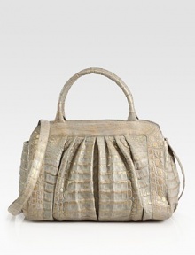 This lady-like silhouette is ultra-elegant, with rich croc-skin and subtle ruching.Double top handles, 5 dropDetachable shoulder strap, 20 dropMagnetic and zip closureProtective metal feetTwo inner compartmentsCenter zip compartmentOne inside zip pocketThree inside open zip pocketsSuede lining11½W X 9¾H X 4¾DImported This lady-like silhouette is ultra-elegant, with rich croc-skin and subtle ruching.Double top handles, 5 dropDetachable shoulder strap, 20 dropMagnetic and zip closureProtective metal feetTwo inner compartmentsCenter zip compartmentOne inside zip pocketThree inside open zip pocketsSuede lining11½W X 9¾H X 4¾DImported