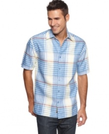 Classic and casual. This large plaid-patterned shirt from Cubavera showcases your laid-back style.