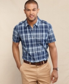 Blue is your new hue. This plaid shirt-part of the exclusive Tommy Hilfiger Indigo Collection-is a great addition to your summer style.