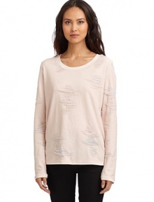 THE LOOKCrewneckDistressed and frayed details throughoutLong sleevesPullover styleTHE FITAbout 25 from shoulder to hemTHE MATERIALCotton/polyester/spandexCARE & ORIGINMachine washMade in USAModel shown is 5'8 (172½cm) wearing US size Small. THE LOOKCrewneckDistressed and frayed details throughoutLong sleevesPullover styleTHE FITAbout 25 from shoulder to hemTHE MATERIALCotton/polyester/spandexCARE & ORIGINMachine washMade in USAModel shown is 5'8 (172½cm) wearing US size Small.