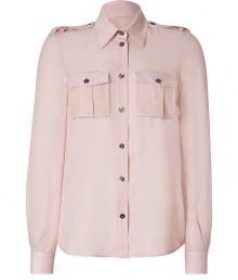 Streamline your look with military precision in Emilio Puccis utility-style blush silk shirt - Classic collar, long sleeves, buttoned cuffs, buttoned epaulettes and pleated chest pockets, button-down front, shirttail hemline - Loose fit - Wear with slim-fit trousers and bright leather flats