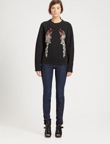 Elegant embroidered bird graphics adorn this panel-constructed pullover.Rib-knit crewneck with V detailWaffle sleevesEmbroidered bodiceRIb-knit hemlineNylonDry cleanMade in Italy of imported fabricModel shown is 5'10 (177cm) wearing US size 4. 