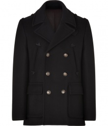 Dressed up with cool military-inspired detailing, Marc by Marc Jacobs black wool coat is a slick choice for giving your look that modern-utilitarian feel - Notched collar with buttoned latch, long sleeves, flap and slit pockets with tonal embroidery, brass-toned logo buttons, double-breasted button-down front, back vent, chocolate satin lining - Tailored fit - Wear over slim fit separates and cashmere pullovers