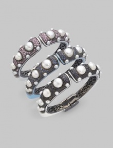 From the Dew Drop Collection. Blue sapphire pavé sparkles within round pearl settings and enamel trim.Blue sapphire Cultured freshwater pearl Sterling silver Enamel Hinged opening Width, about 2 Diameter, about 2¼ Imported Please note: Bracelet sold separately. From the Dew Drop Collection. Blue sapphire pavé sparkles within round pearl settings and enamel trim.Blue sapphire Cultured freshwater pearl Sterling silver Enamel Hinged opening Width, about 2 Diameter, about 2¼ Imported Please note: Bracelet sold separately.