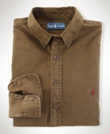 A rugged cotton twill sport shirt is fashioned in a classic fit and is lightly washed for a comfortable look and feel.