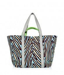 Tote around your daily essentials with this fashionable carryall from Diane von Furstenberg -Classic tote style, dual leather carrying handles, two large inside pockets, all-over neon zebra print - Perfect for daily use, work, or off-duty cool Tote around your daily essentials with this fashionable carryall from Diane von Furstenberg -Classic tote style, dual leather carrying handles, two large inside pockets, all-over neon zebra print - Perfect for daily use, work, or off-duty cool