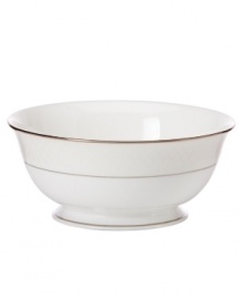A sweet lace pattern combines with platinum borders to add graceful elegance to your tabletop. The classic shape and pristine white shade make this serving bowl a timeless addition to any meal. From Lenox's collection of dinnerware and dishes. Qualifies for Rebate A sweet lace pattern combines with platinum borders to add graceful elegance to your tabletop. The classic shape and pristine white shade make this serving bowl a timeless addition to any meal. From Lenox's collection of dinnerware and dishes. Qualifies for Rebate