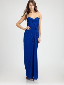 This floor-length silk silhouette features a prettily draped front ruffle and ruching at the back.Strapless sweetheart necklineAsymmetrical front rufflePick-up skirt detailBack ruchingConcealed back zipAbout 49 from natural waistFully lined92% silk/8% spandexDry cleanImportedModel shown is 5'11 (180cm) wearing US size 4.OUR FIT MODEL RECOMMENDS ordering true size. This floor-length silk silhouette features a prettily draped front ruffle and ruching at the back.Strapless sweetheart necklineAsymmetrical front rufflePick-up skirt detailBack ruchingConcealed back zipAbout 49 from natural waistFully lined92% silk/8% spandexDry cleanImportedModel shown is 5'11 (180cm) wearing US size 4.OUR FIT MODEL RECOMMENDS ordering true size.