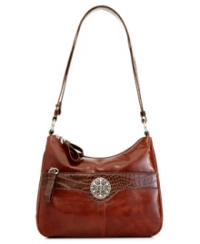A laid-back shape gets a little luxe appeal with this haute hobo from Giani Bernini. The supple, glazed leather is dressed up in eye-catching signature hardware and faux croc-embossed accents, for a look that's undecidedly on-trend. A laid-back shape gets a little luxe appeal with this haute hobo from Giani Bernini. The supple, glazed leather is dressed up in eye-catching signature hardware and faux croc-embossed accents, for a look that's undecidedly on-trend.