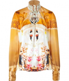 Bring instant style to your separates with this luxe silk printed top from London It designer Mary Katrantzou - Stand collar, long sleeves with gathered cuffs, gathered neckline, relaxed silhouette, back keyhole opening with buttons, all-over print - Style with a pencil skirt or slim trouser and heels