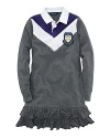 A preppy drop-waist rugby dress in stretch cotton interlock is accented with bold chevron stripes for a sporty look.