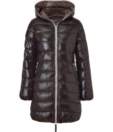 A sleek outer shell and elegant contrast trim lend this Duvetica down jacket its sporty and stylish edge - In a lighter weight, wind- and water-resistant dark brown polyamide - Slim cut fits close to the body for extra warmth and tapers through waist - Full zip, taupe fabric-lined hood and oversize diagonal zippered pockets at sides - Perfect for cold weather casual looks including jeans, cords, chinos and ski pants A sleek outer shell and elegant contrast trim lend this Duvetica down jacket its sporty and stylish edge - In a lighter weight, wind- and water-resistant dark brown polyamide - Slim cut fits close to the body for extra warmth and tapers through waist - Full zip, taupe fabric-lined hood and oversize diagonal zippered pockets at sides - Perfect for cold weather casual looks including jeans, cords, chinos and ski pants