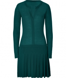 Pretty daytime looks get an edge of school-cool flair in Hoss Intropias merino wool dress, perfectly proportioned with a long, lean bodice and sharply pleated skirt - Rounded neckline with slit, long sleeves, dropped waistline - Form-fitting top - Pair with statement accessories and chunky jewelry